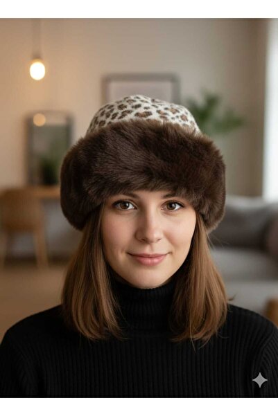 Betülce Trend Triangle Leopard Detailed Plush Fur Kalpak Hat