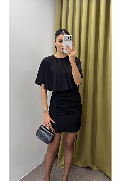 HAZELANNA Black Mini Dress with Cape