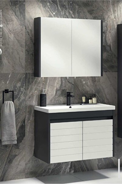 ROSEART BANYO BİANKA ANTRASİT BEYAZ 80CM BANYO DOLAP SETİ ÜST MODÜL + ALT MOD...