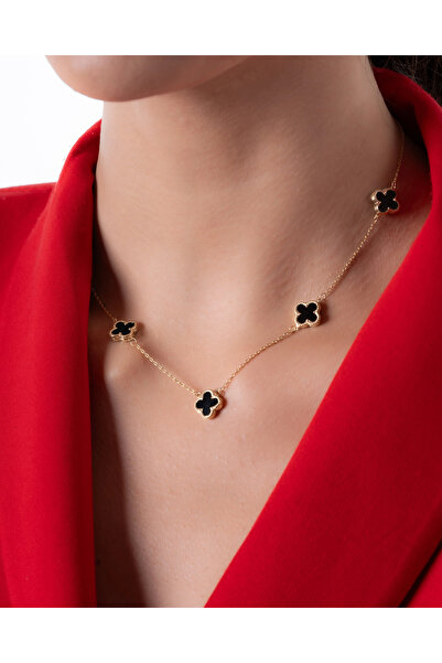 GN ACCESSORY Beş Parçalı Yonca Kadın Çelik Kolye Siyah Günlük+ Sevgiliye Hediye