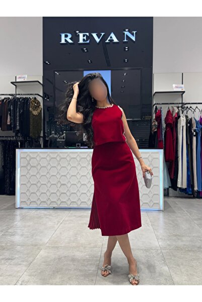 revan Rivan Velvet Midi Evening Set with Crystal Embellishments