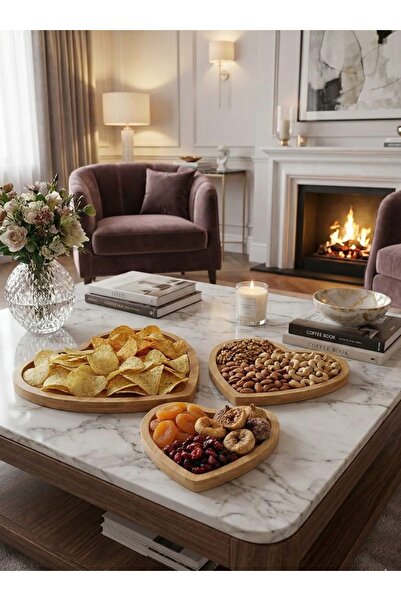 HomeBasics 3 Parça Ahşap Sunumluk Servis Tepsisi Kalp Detaylı