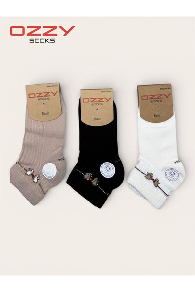 Ozzy Socks 3 Çift Kadın Taş Detaylı Dikişsiz & Takviyeli Patik Çorap