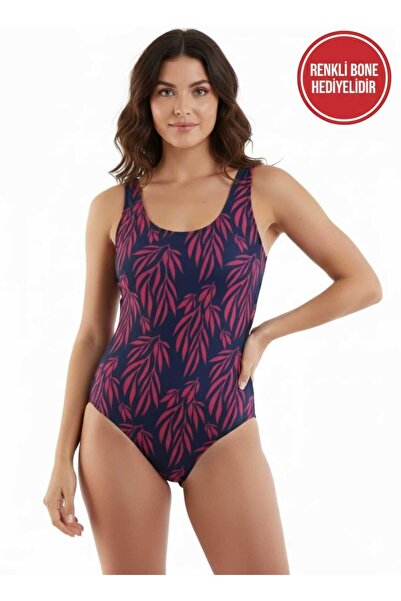 SUERTO Kadın Lacivert Yaprak Desenli Yüzücü Mayo, Arka Kısmı Astarlı, İç Kısm...