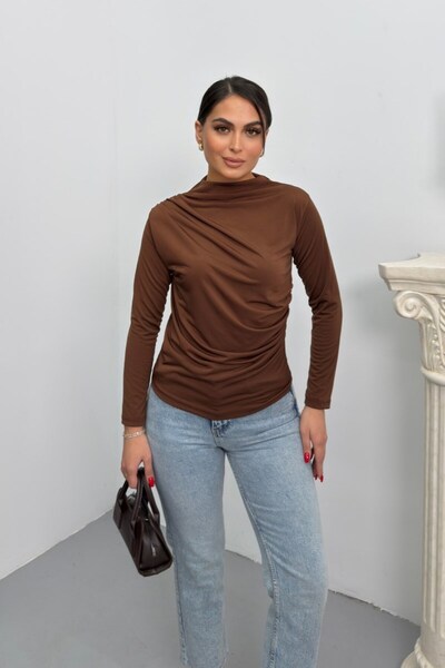 Potenza Women Blouse Draped Long Sleeve Sandy Fabric High Collar Blouse