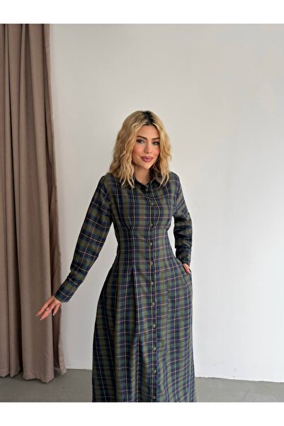 Ekim Store Plaid Patterned Waist-Fitted Dress