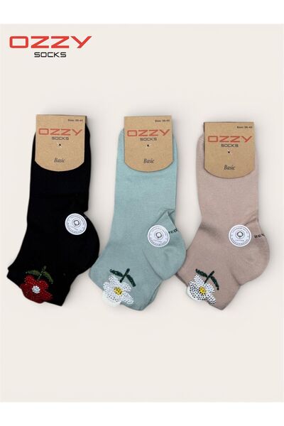 Ozzy Socks 3 Çift Kadın Taş Detaylı Dikişsiz & Takviyeli Patik Çorap