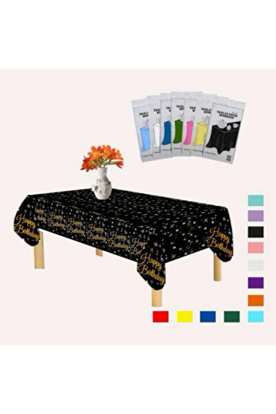 MERVELİSAİT GOLD RENK HAPPY BİRTHDAY YAZILI SİYAH MASA ÖRTÜSÜ