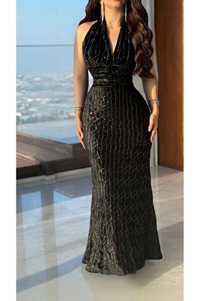Generic black velvet shiny evening dress