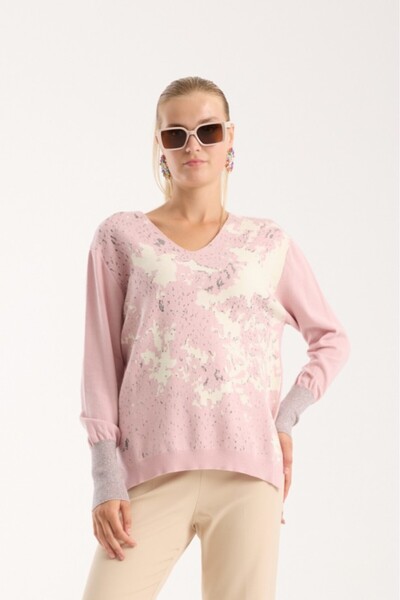 Moda Days Sim Patterned Wide Cuffed Side Slit V-Neck Knitwear Blouse