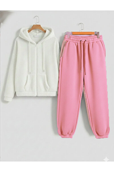 Boi Unisex Cut Zippered Plush Tracksuit Set Oversized Mold Hooded Plush Cardi...