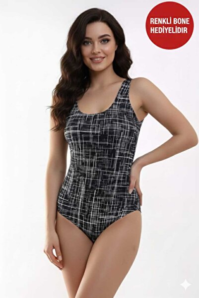 SUERTO Kadın Siyah Beyaz Desenli Yüzücü Mayo, Arka Kısmı Astarlı, İç Kısmı Gö...