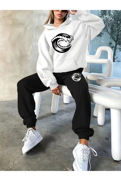 Sweet Cotton Women's Printed Hooded Tracksuit Set - Hooded Sweatshirt Bottom Top Set