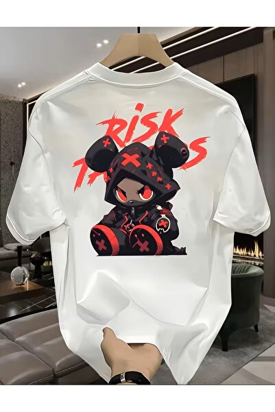 LELVANİ T-Shirt with the Word "Risk" and Character Design Print