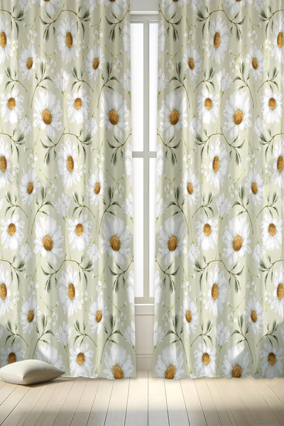 depdekor Dekoratif Baskıılı Papatya Desenli Salon Mutfak Fon Perdesi (TEK KAN...