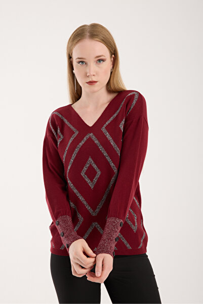 Moda Days Sim Patterned Wide Buttoned Cuffed V-Neck Knitwear Blouse