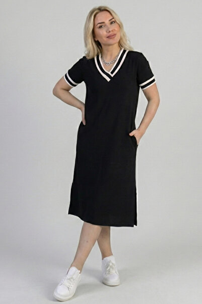 MetuCA Women's Black V-Neck Striped Pocketed Slit Comfortable Fit Midi Viscos...