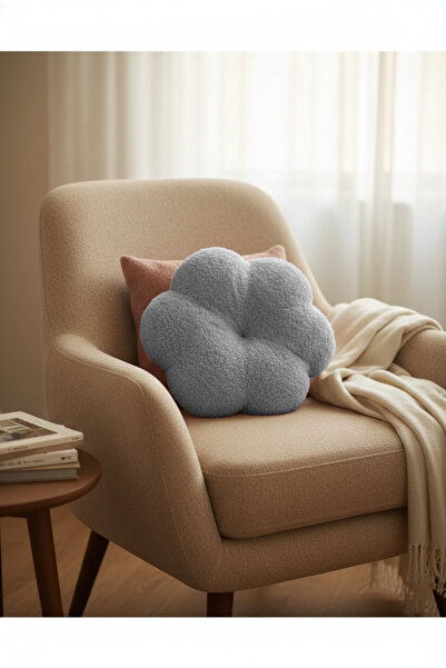 pufftable peluş küçük papatya yastık kırlent içi dolgulu açık gri teddy kumaş