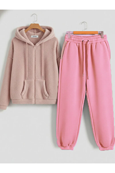 Boi Unisex Cut Zippered Plush Tracksuit Set Oversized Mold Hooded Plush Cardi...