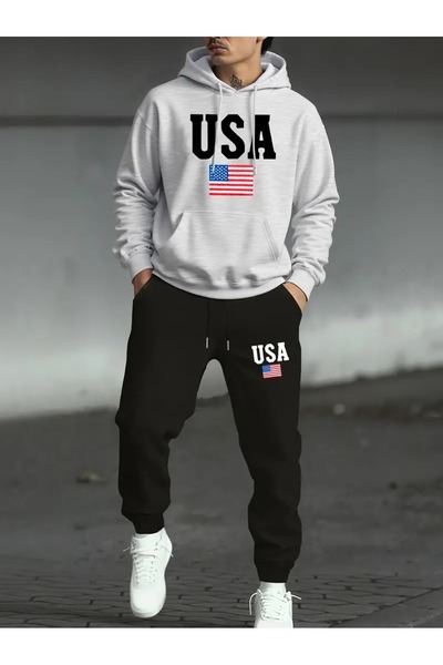 Massgai Unisex Usa Amerika Printed Hooded Oversized Bottom-Top Set Jogger Cotton Tracksuit Set