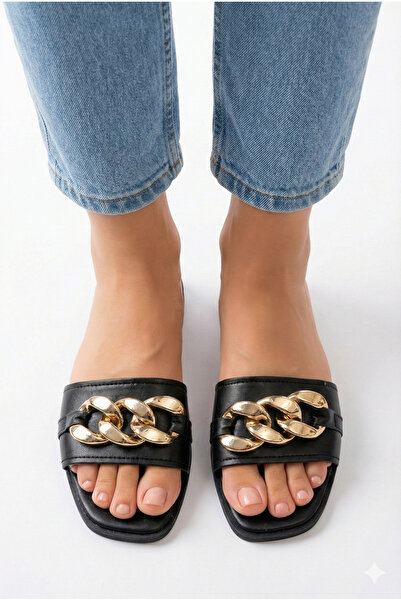 StWenn Women's Gold Chain Lightweight Comfortable Daily Beach Slippers Chain Detailed Flat Sole