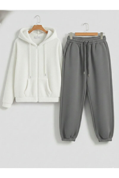 Boi Unisex Cut Zippered Plush Tracksuit Set Oversized Mold Hooded Plush Cardi...