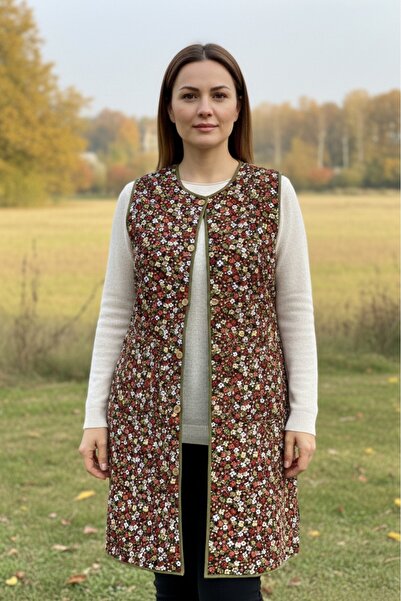 güzsokak17 Kapitoneli Kahverengi Çiçekli El Yapımı Pazen Yelek (Uzun)