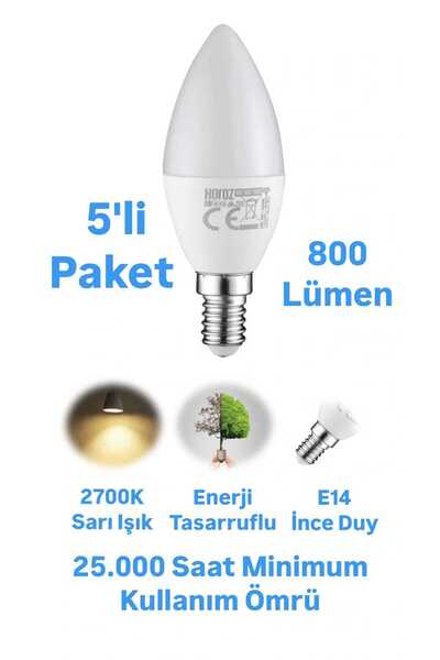 repplam 5 Adet 8W Buji Led Ampul Sarı Işık 800 Lümen İnce Duylu Ampul Mum Ampul