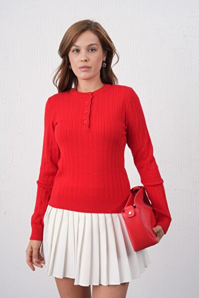 mysimy Crew Neck Half Placket Buttoned Knit Sweater