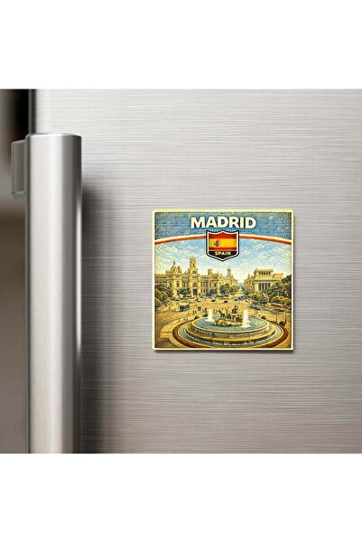 iBerk Mıknatıslı Buzdolap Magneti - Retro İspanya Madrid Şehri Temalı Vintage...