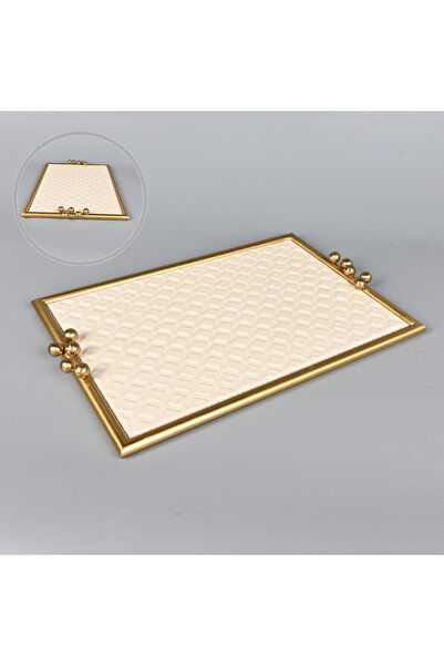 Generic Rectangular Leather Serving Tray 45×29 cm Beige with Copper Steel Frame