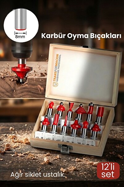 Transformacion Profesyonel 12'li Ahşap Freze Ucu Seti 8mm Şaft | Rulmanlı Kar...
