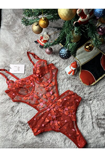 Sentientiss Amor - Balenli B Cup Kalp Desenli Kırmızı Bodysuit