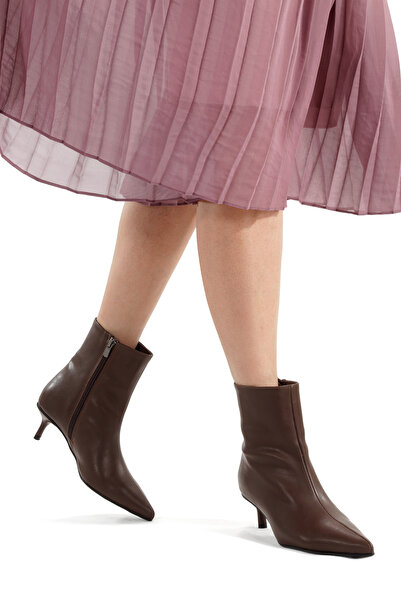 PİMORA Brown Leather Ankle Boots Pointed Toe 5 cm Thin Heel Zippered New Season
