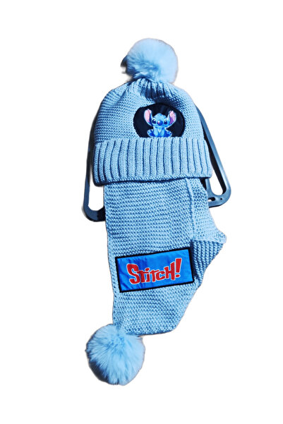 FuryaTedarik طقم وشاح وقبعة للأطفال مع شخصية ستيتش - طقم محبوك مع كرات زينة -...