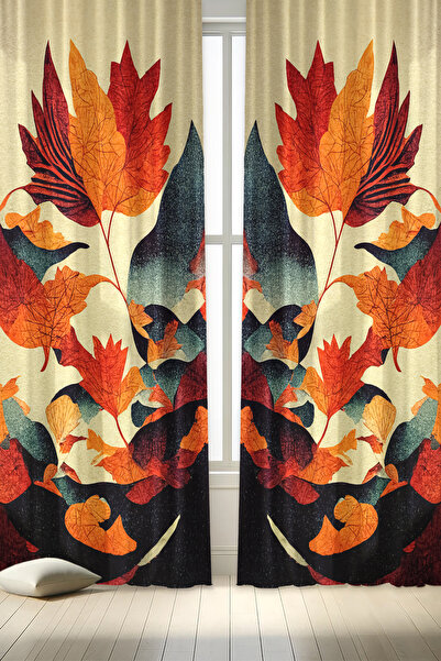 depdekor Dekoratif Baskıılı Yaprak Desenli Salon Mutfak Fon Perdesi (TEK KANA...