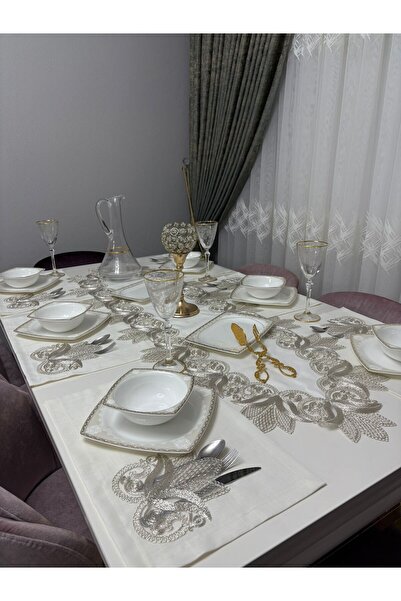 BRL ÇEYİZ HOME Gardenya Keten Güpürlü Amerikan Servis & Runner Çeyizlik Ameri...