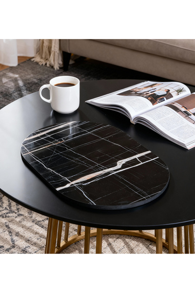 Martha Life Siyah Mermer Desenli Oval Dekoratif Tepsi | Modern Orta & Yan Seh...
