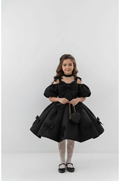 Star Kids Rochie neagră cu fundă pentru fetiță, rochie de absolvire pentru fe...