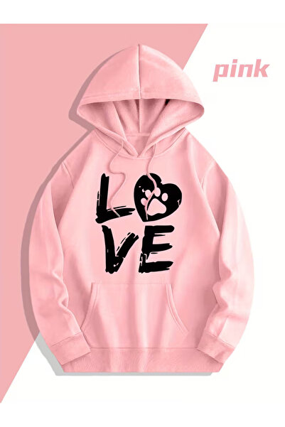 NEVERMIND Sevgili Çift Kombin Hoodie 2’li Set - LOVE Pati Baskılı Unisex Oversize Kapüşonlu Pembe