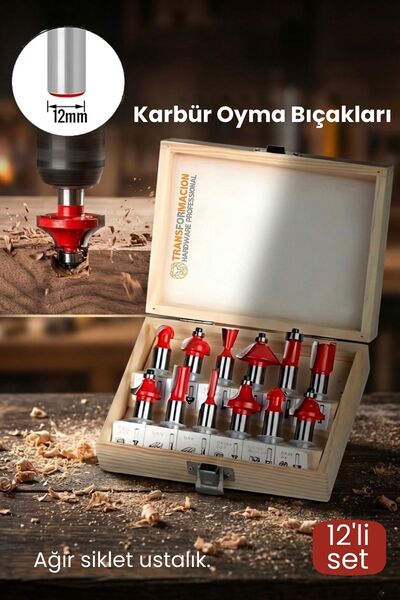 Transformacion Profesyonel 12'li Ahşap Freze Ucu Seti 12mm Şaft | Rulmanlı Ka...