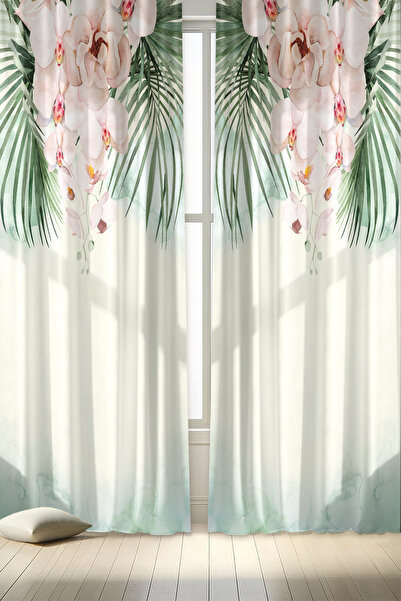 depdekor Dekoratif Baskıılı Orkide Desenli Salon Mutfak Fon Perdesi (TEK KANA...