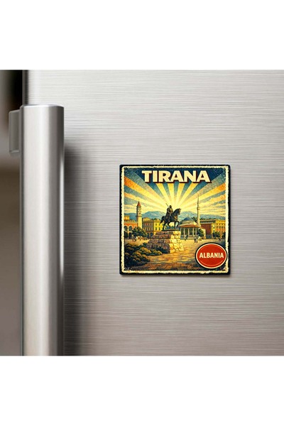 iBerk Mıknatıslı Buzdolap Magneti - Vintage Arnavutluk Tiran Şehri Temalı - 9...