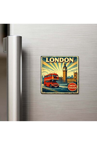 iBerk Mıknatıslı Buzdolap Magneti - Vintage Londra Şehri Temalı - 9x9 cm