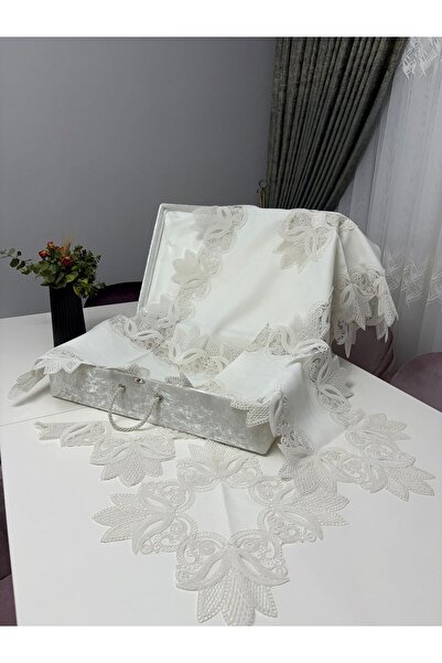 BRL ÇEYİZ HOME Gardenya Fransız Dantelli,Güpürlü Lüks Salon Takımı-Runner,Sal...