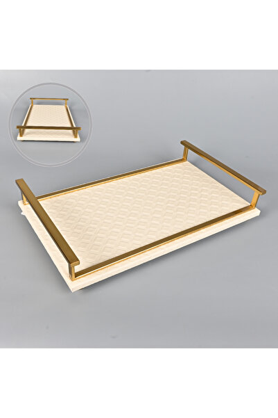 Generic Rectangular Serving Tray Beige Leather with Brass Frame