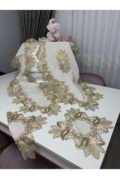 BRL ÇEYİZ HOME Gardenya Fransız Dantelli,Güpürlü Lüks Salon Takımı-Runner,Sal...