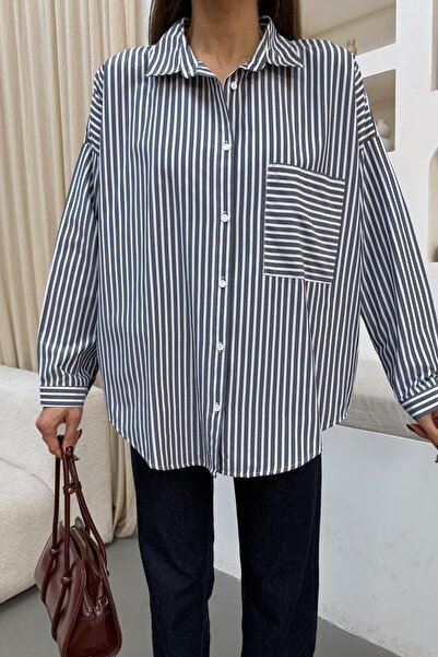 mylove Striped Single Pocket Shirt Gray