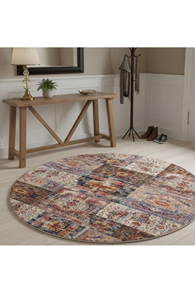 dekorug Dijital Baskı Pamuk Dokuma Kaymaz Taban Yıkanabilir Yuvarlak Salon Ha...