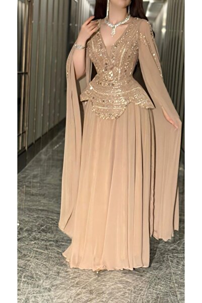Generic Long beige evening dress with luxurious embroidery and a collar
